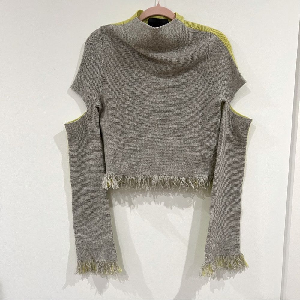 Zoe Jordan two-toned grey and yellow wool sweater with fringe detail and cutout